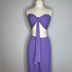 💜Purple Two-Piece Set- Strapless Tie- Front Top & Flowy Pants